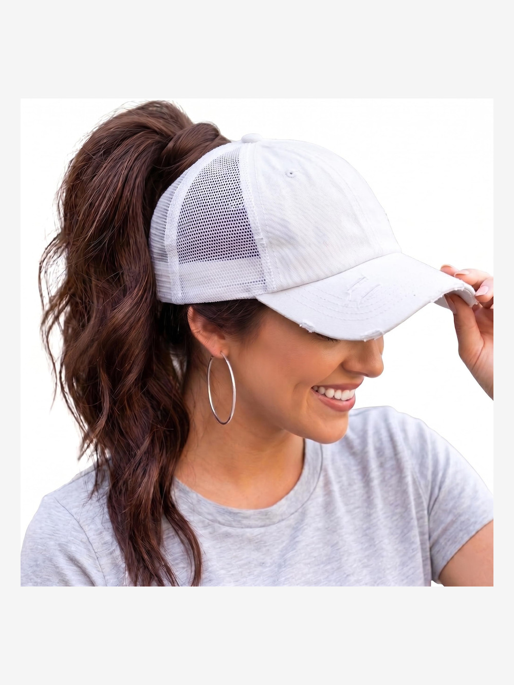 Criss Cross Ponytail Cap, Messy Bun Distressed | White (Distressed) | Size OS